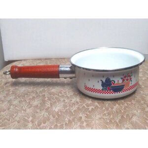 Vintage betty Crocker Enamel Sauce pan white printed 1 qt wood handle HTF RARE